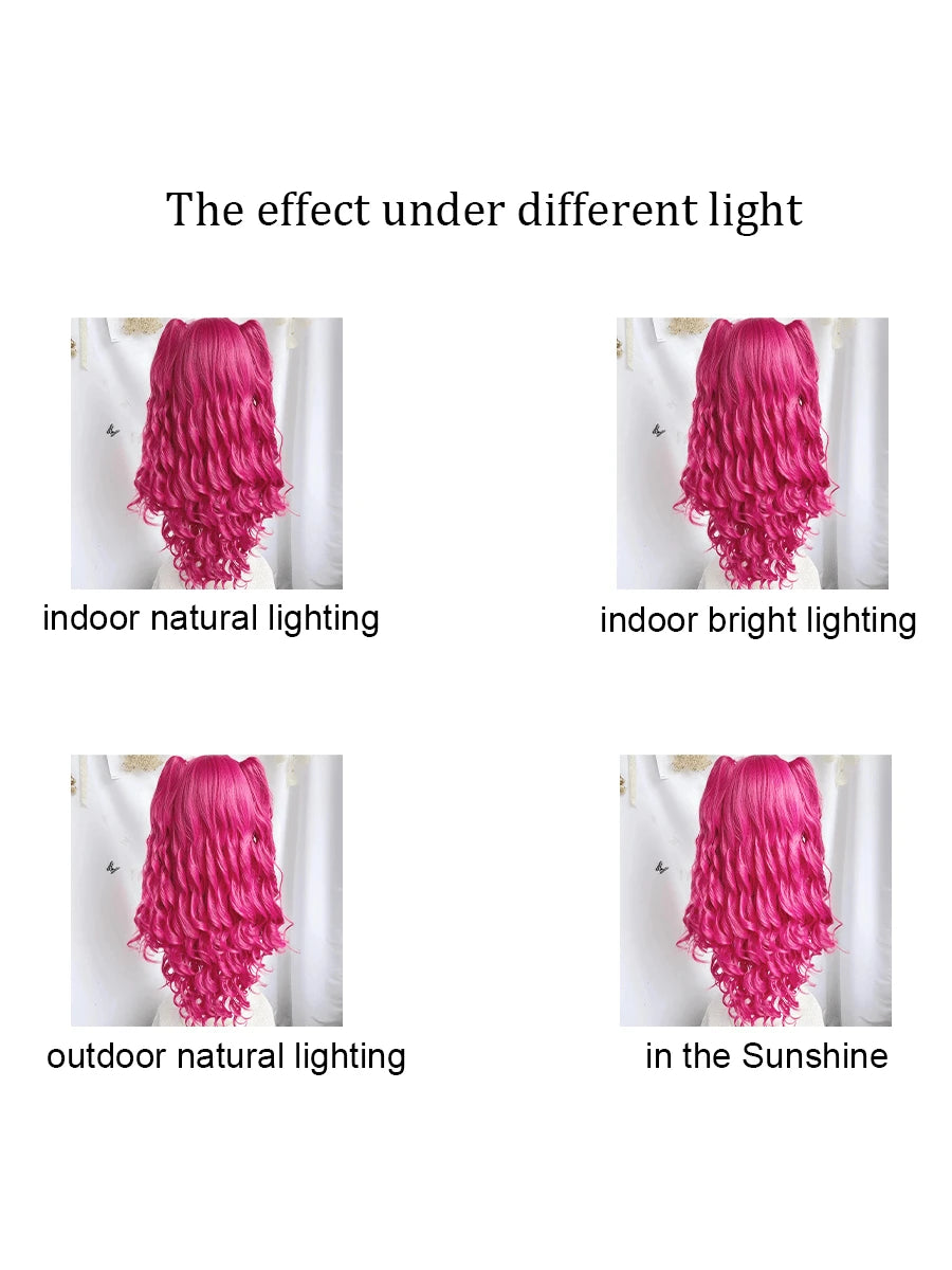 Hot Pink Wig 28 Inch Long Lolita Long Curly Wigs With 2pcs Ponytails Cosplay Wig Anime Cosplay Wig Synthetic WavyHair Wig