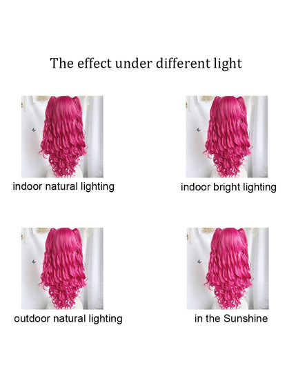 Hot Pink Wig 28 Inch Long Lolita Long Curly Wigs With 2pcs Ponytails Cosplay Wig Anime Cosplay Wig Synthetic WavyHair Wig
