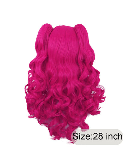 Hot Pink Wig 28 Inch Long Lolita Long Curly Wigs With 2pcs Ponytails Cosplay Wig Anime Cosplay Wig Synthetic WavyHair Wig