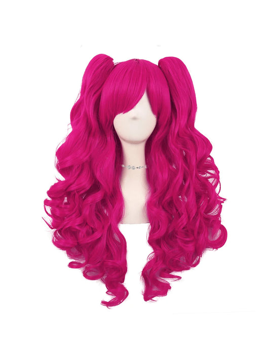 Hot Pink Wig 28 Inch Long Lolita Long Curly Wigs With 2pcs Ponytails Cosplay Wig Anime Cosplay Wig Synthetic WavyHair Wig