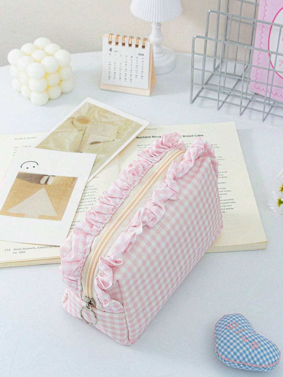 Large Capacity Plaid Ruffle Makeup Bag, Multifunctional Plaid Cosmetic Storage Bag With Zipper, Travel And Daily Use Toiletry Storage Bag