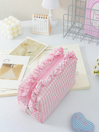 Large Capacity Plaid Ruffle Makeup Bag, Multifunctional Plaid Cosmetic Storage Bag With Zipper, Travel And Daily Use Toiletry Storage Bag