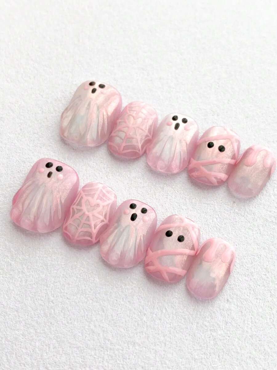 10PCS Sweet & Cool Y2K Cute 3D Pink Ghost Halloween Press-On Nails, Short Square Mesh Spider Web Design, Shiny Reusable Handmade Fake Nails, Suitable For Girls' Halloween Manicure, Short Round False Nails