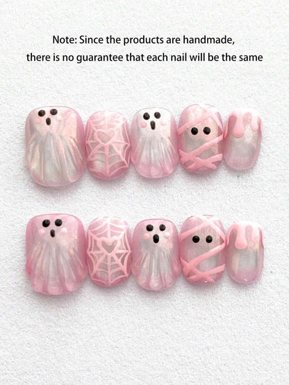 10PCS Sweet & Cool Y2K Cute 3D Pink Ghost Halloween Press-On Nails, Short Square Mesh Spider Web Design, Shiny Reusable Handmade Fake Nails, Suitable For Girls' Halloween Manicure, Short Round False Nails