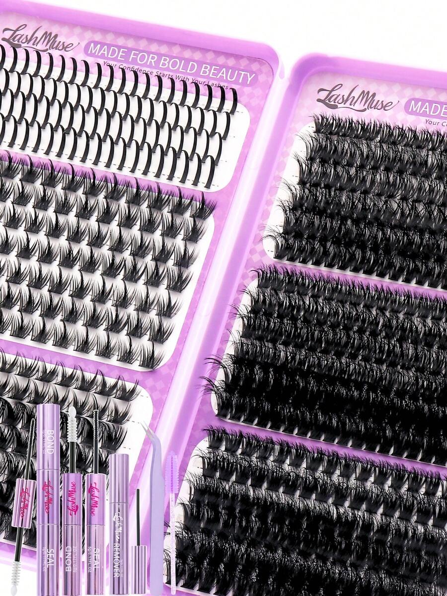 1168/584pcs Wispy Spiky Lash Clusters, Fairy Wild D-Curl Voluminous Segmented Eyelashes, Multi Length Self-Grafting DIY Lash Extensions With Lash Glue, Tweezers Remover, Soft Layered Eye Lashes, For Daily Makeup, Wedding, Party, Travel, Halloween